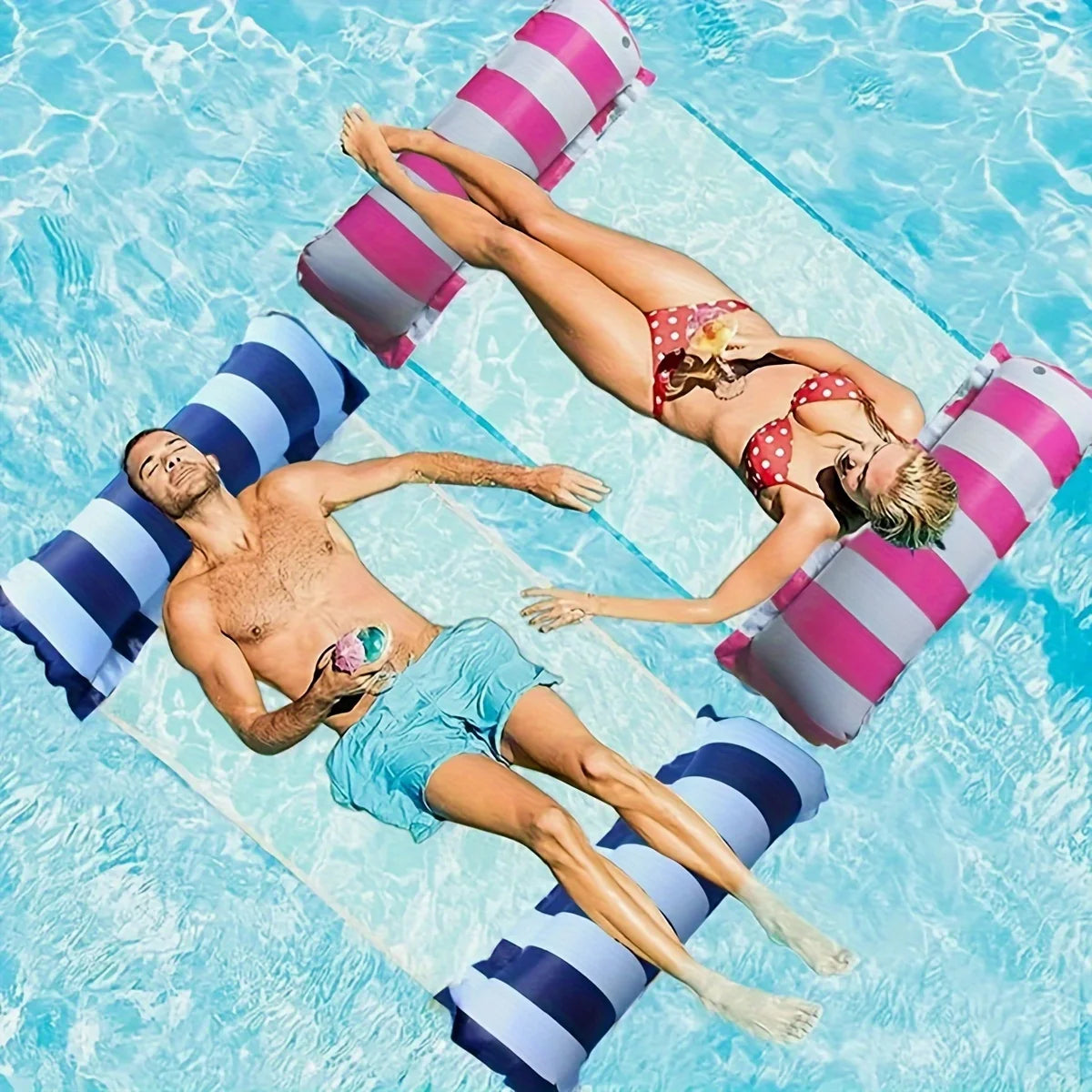 Foldable Inflatable Lounge Chair – Striped Pool & Beach Float with Net Backrest