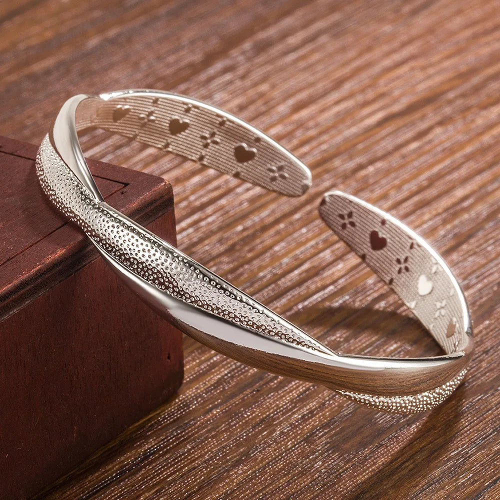 925 Sterling Silver Twist Heart Cuff Bracelet – Elegant Party Jewelry