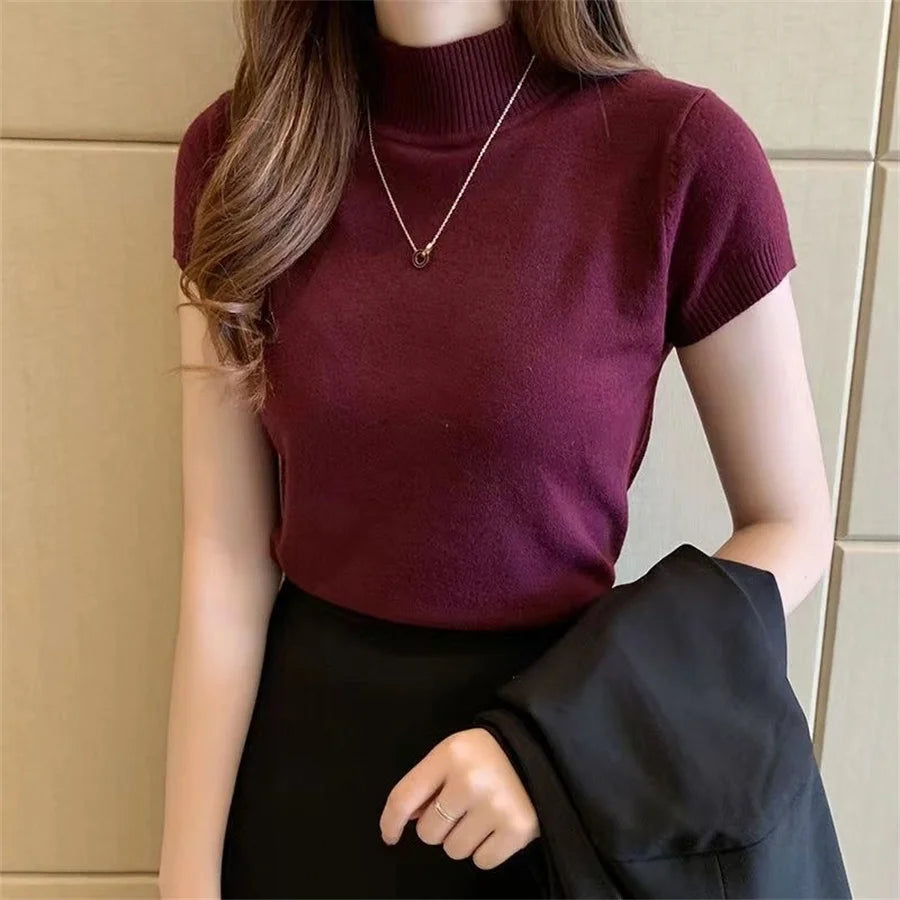 Women’s Short Sleeve Turtleneck Knit Blouse – Summer Fashion Top.