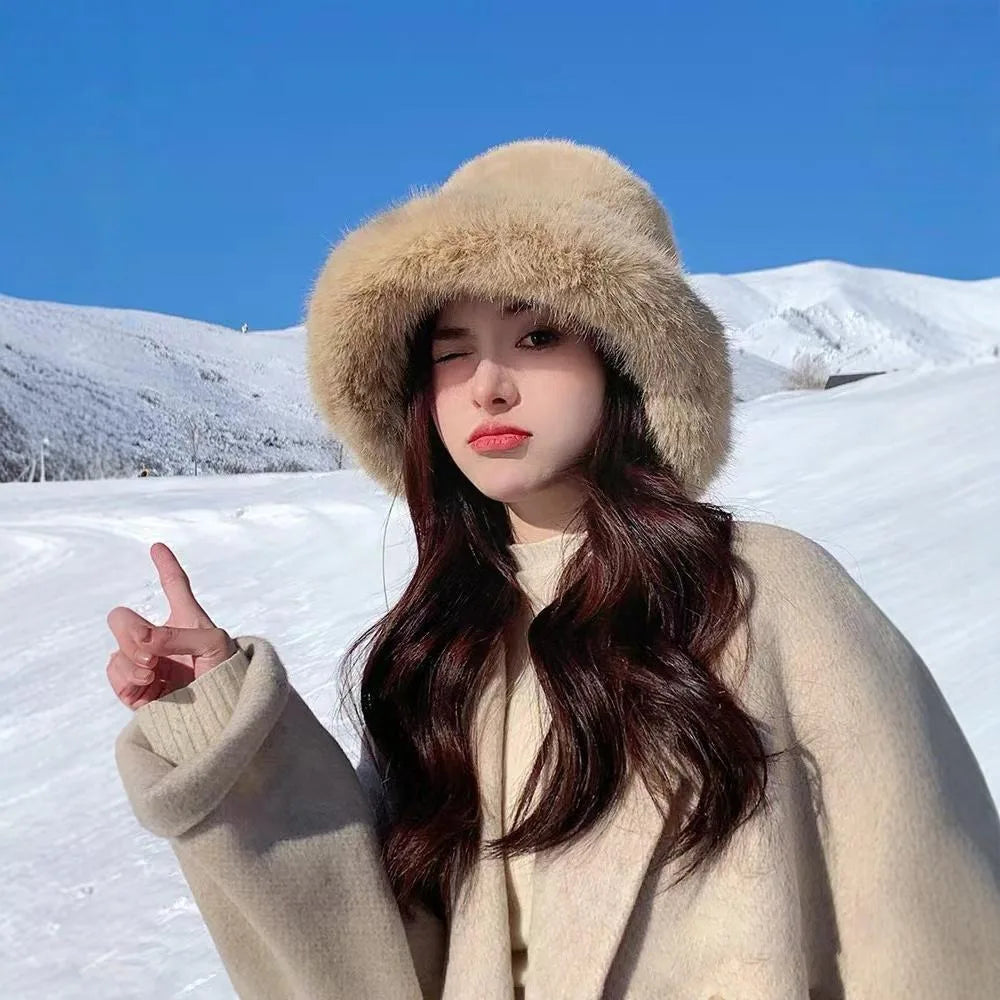 New Fluffy Fur Bucket Hat for Women, Warm Winter Fisherman Hat, Christmas Gift