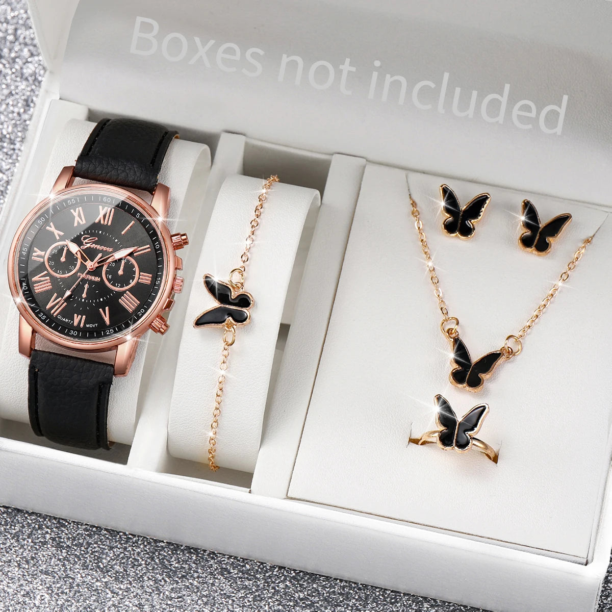 5/6PCS Women’s Quartz Watch Set – Leather Band & Rhinestone