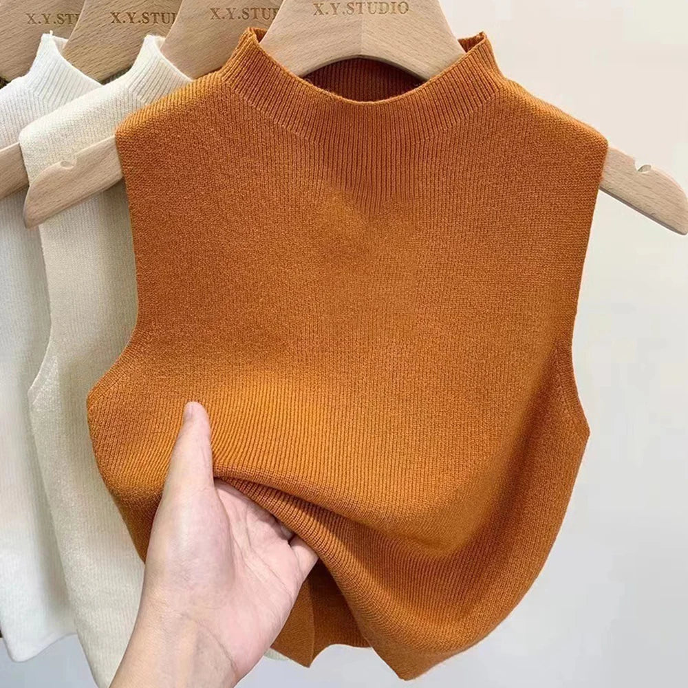 Women’s Knitted Sleeveless Tank Top – Solid Color, Cropped, Half-Turtleneck