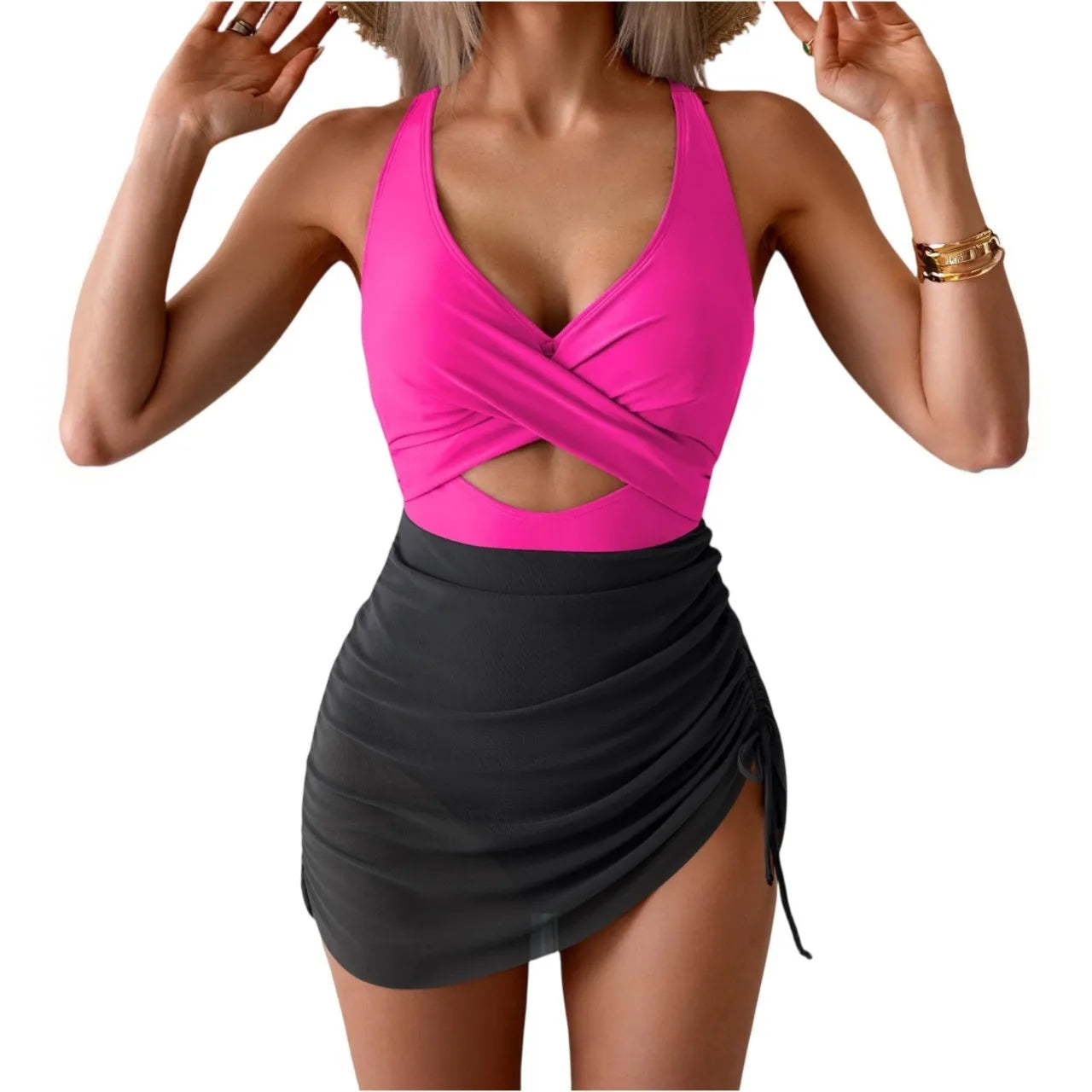 Women's Sexy One-Piece Swimsuit – Deep V, Mesh Splice, Side Drawstring, Suspender Style Beachwear