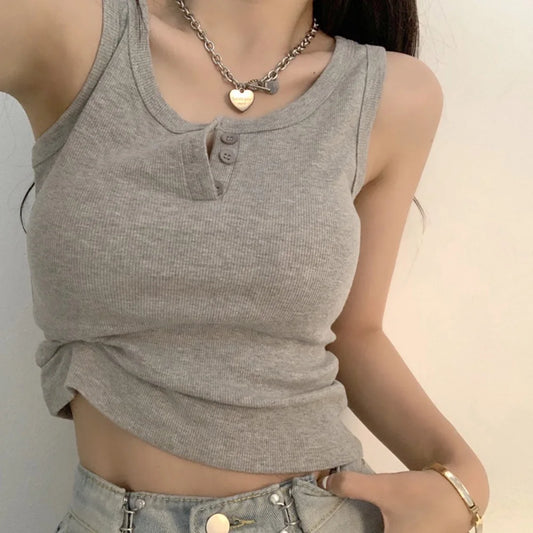 Women's Ribbed Button-Down Tank Top – Sleeveless, Solid, Casual Summer Blouse
