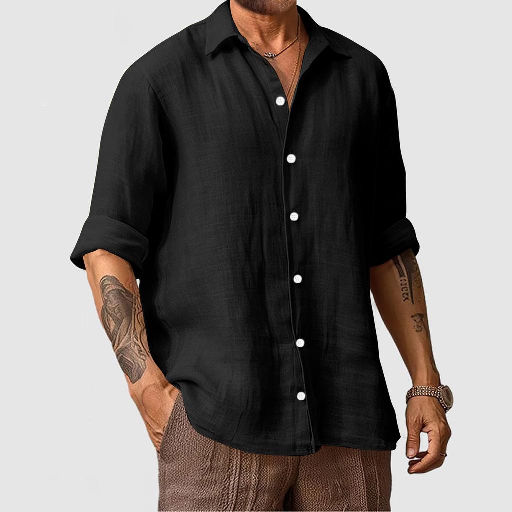 Men’s Cotton Linen Long Sleeve Shirt – Solid, Casual Resort Style