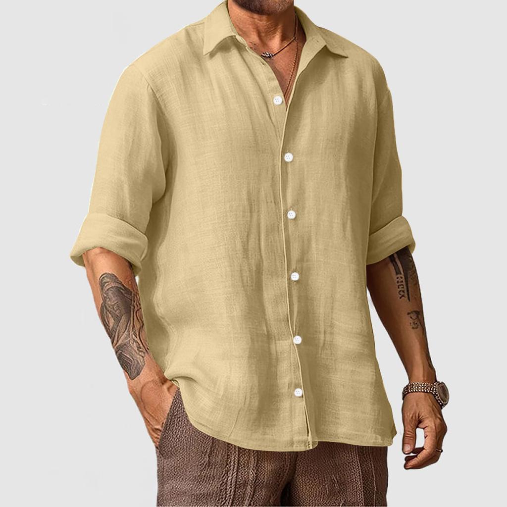 Men’s Cotton Linen Long Sleeve Shirt – Solid, Casual Resort Style