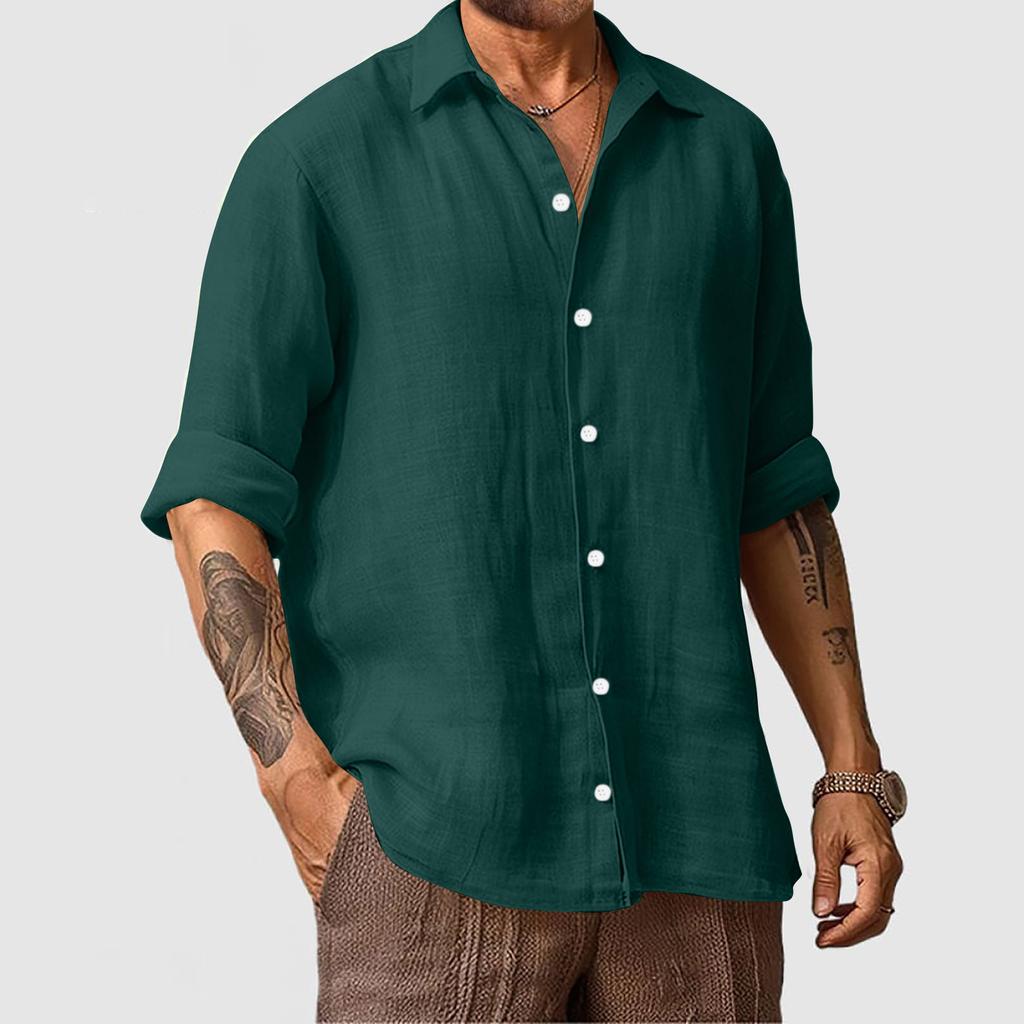 Men’s Cotton Linen Long Sleeve Shirt – Solid, Casual Resort Style