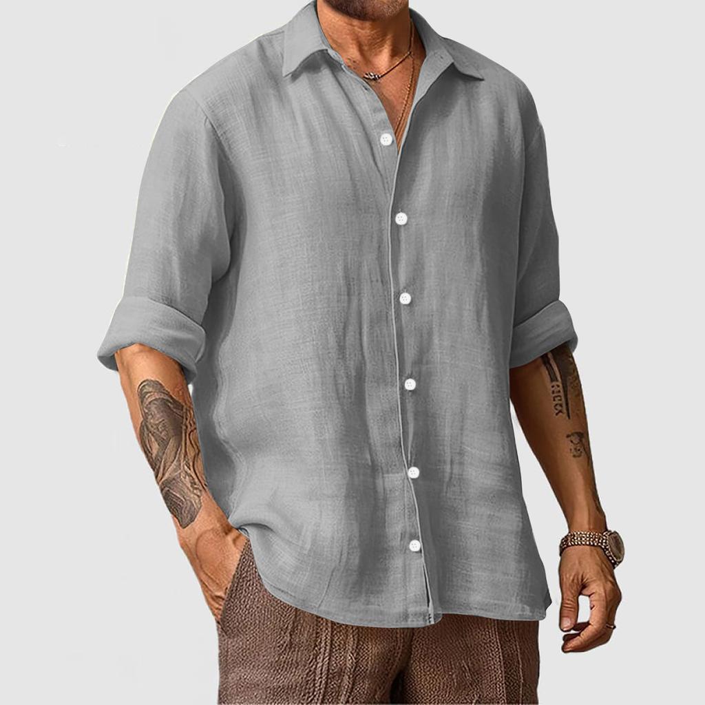 Men’s Cotton Linen Long Sleeve Shirt – Solid, Casual Resort Style
