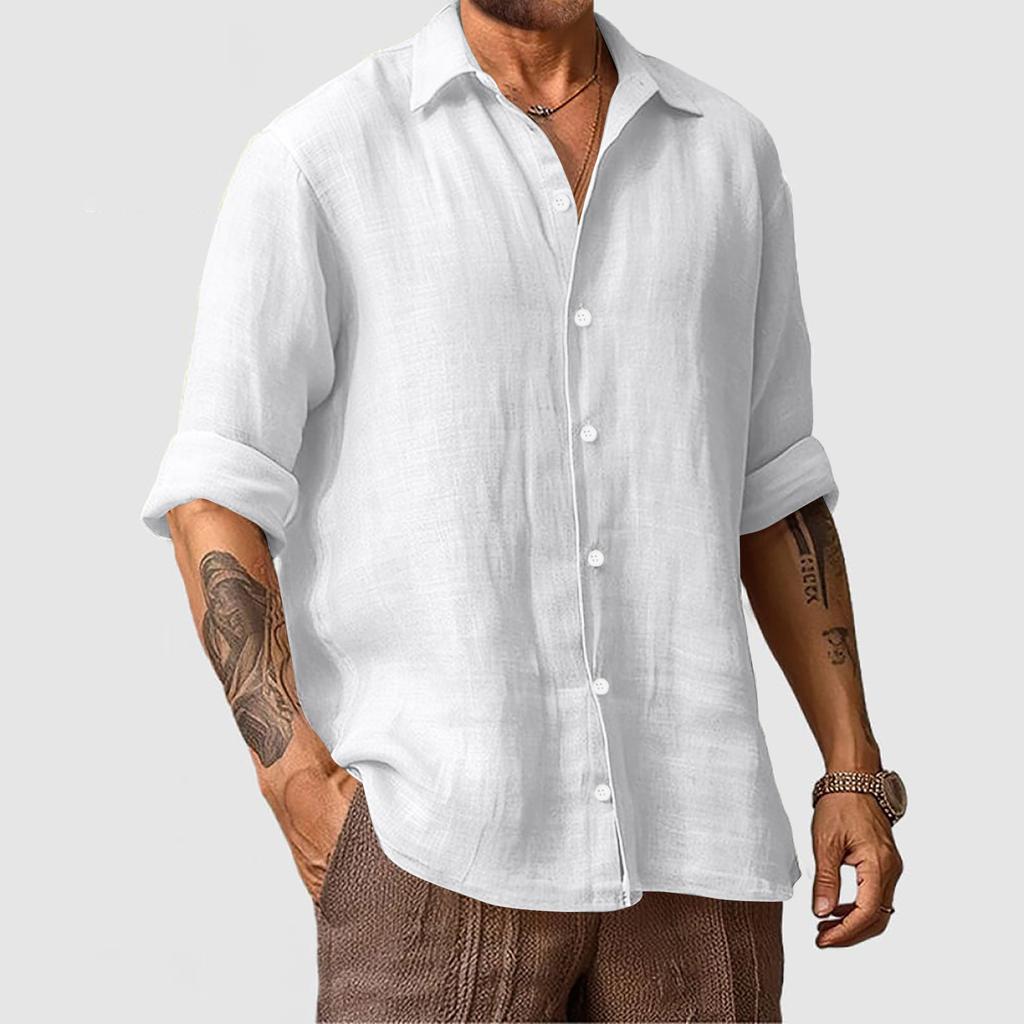 Men’s Cotton Linen Long Sleeve Shirt – Solid, Casual Resort Style