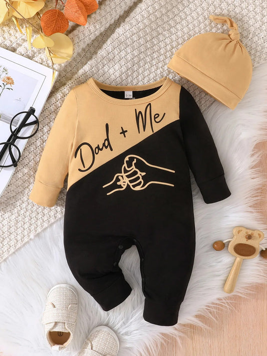 Newborn Baby Boy Romper — Patchwork Long Sleeve Jumpsuit with Hat, Spring/Autumn Outfit